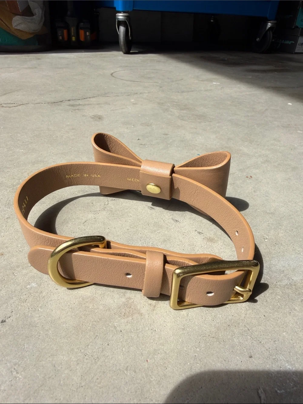 Tan Leather Bow Dog Collar with Gold Hardware - Designer Style